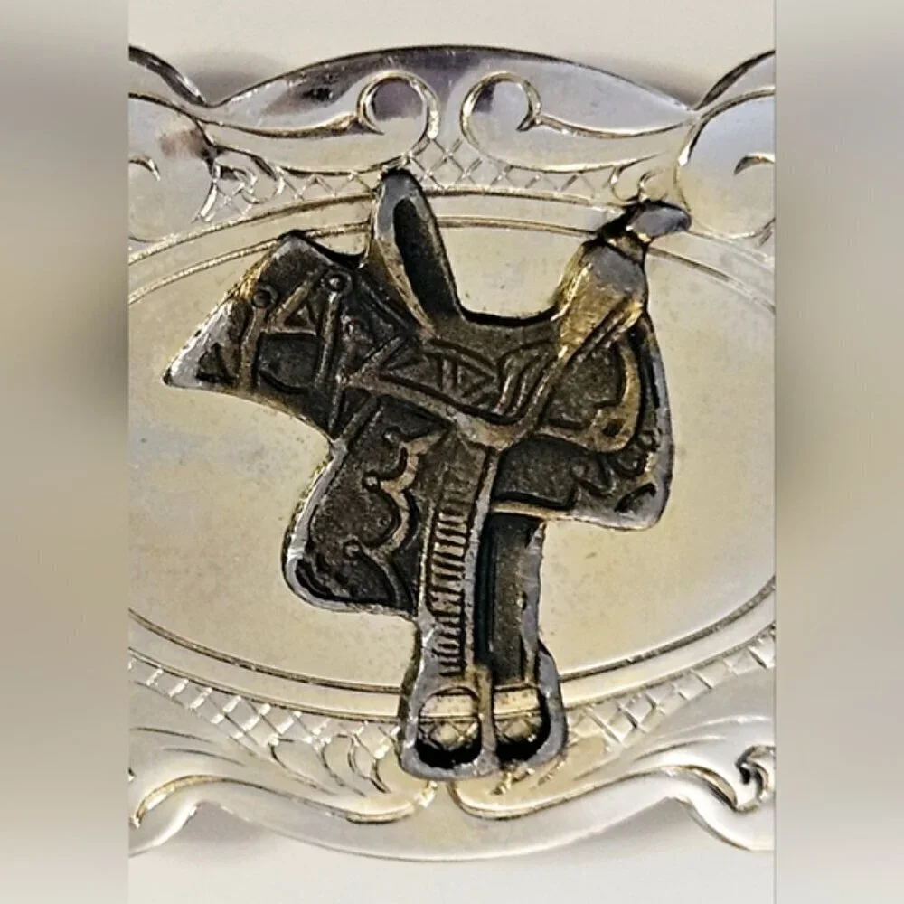 Vintage Western Saddle Belt Buckle Silver Tone Brass Cowboy Made in USA